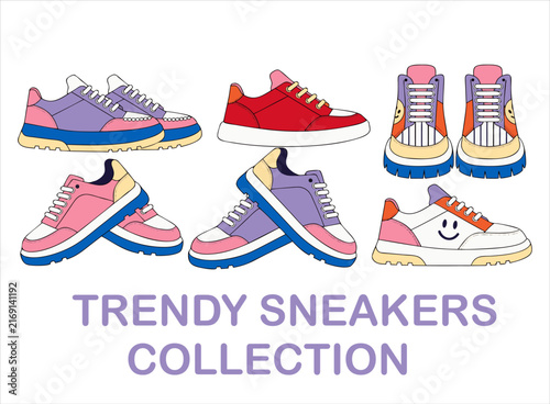 Trendy Sneakers Collection Fashion Footwear Illustration Set