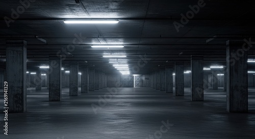 Empty Underground Parking Garage with Dim Lighting.
