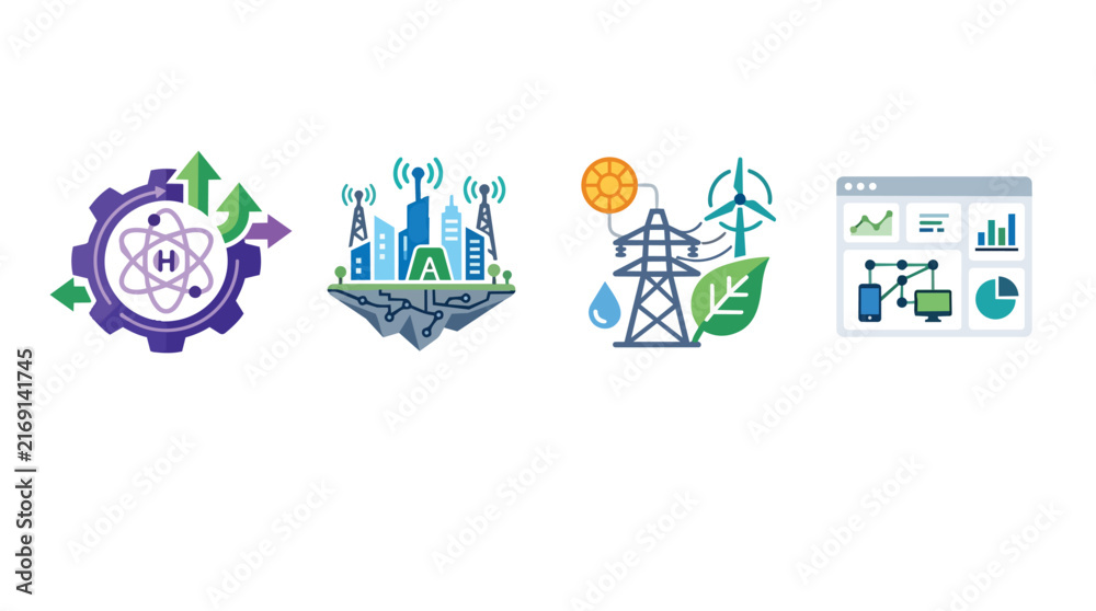 Fototapeta premium Green energy systems and smart urban infrastructure icon collection in a flat vector illustration style for sustainable utility management and digital technology branding