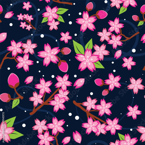 Pink cherry blossoms with green leaves on dark background isolated on transparent background