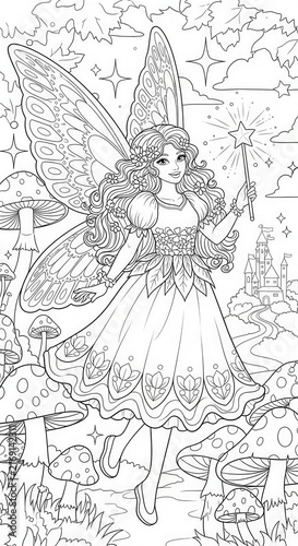 Enchanted Fairy in Whimsical Garden Line Art Illustration.