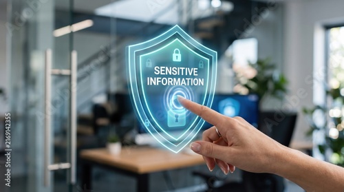 Finger touching holographic shield sensitive information icon. Cyber security concept. Digital safety protection interface. Business network technology defense.