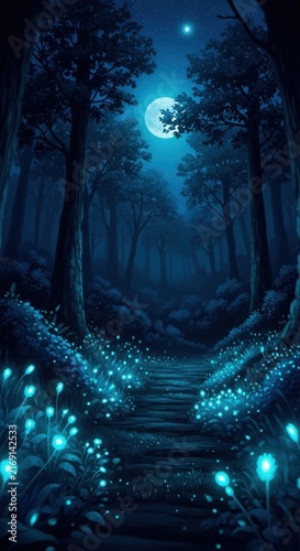Enchanted Forest Pathway Lit by Glowing Fireflies at Night.