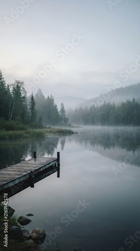 Misty Morning Lake with Wooden Dock and Forest Reflection.