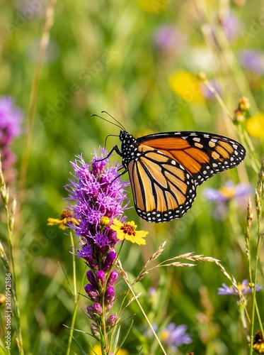 Monarch butterfly feeding on purple wildflower in a sunny meadow.