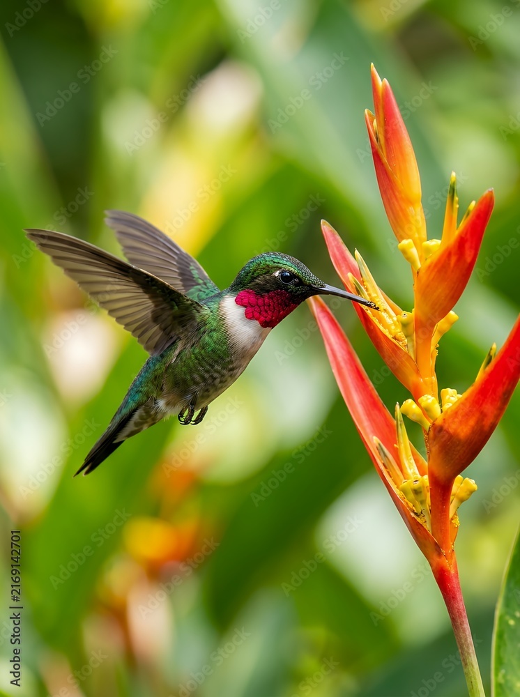 Fototapeta premium Ruby throated hummingbird feeding on a tropical flower.