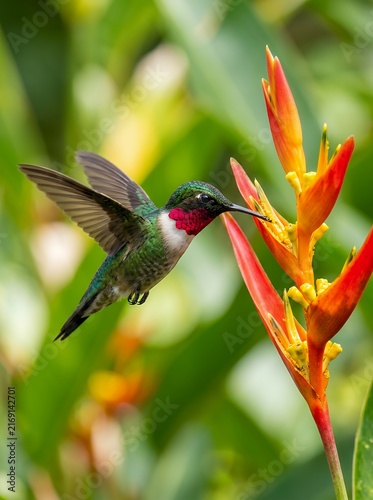 Ruby throated hummingbird feeding on a tropical flower.