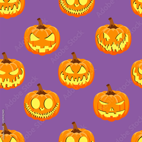 Seamless jack o' lantern pattern on a spooky purple background