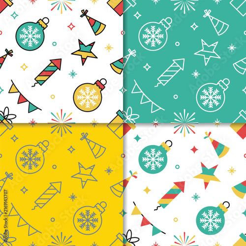 Colorful holiday festive pattern with ornaments and fireworks isolated on transparent background