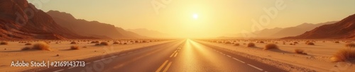 Sun-bleached road vanishes into shimmering desert haze, sun, travel
