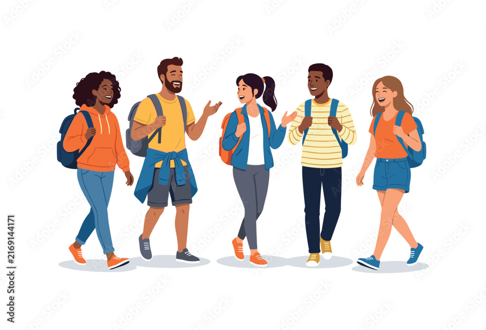 Obraz premium Diverse group of young friends walking outdoors with backpacks and smiling