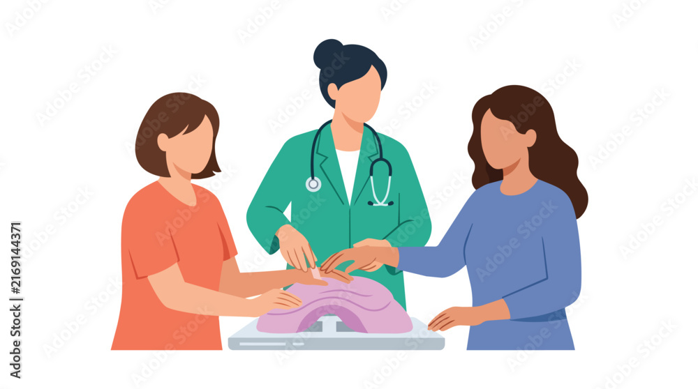 Fototapeta premium Medical practitioner explaining anatomical health to women using a medical model in flat vector illustration for healthcare education and preventative clinical services