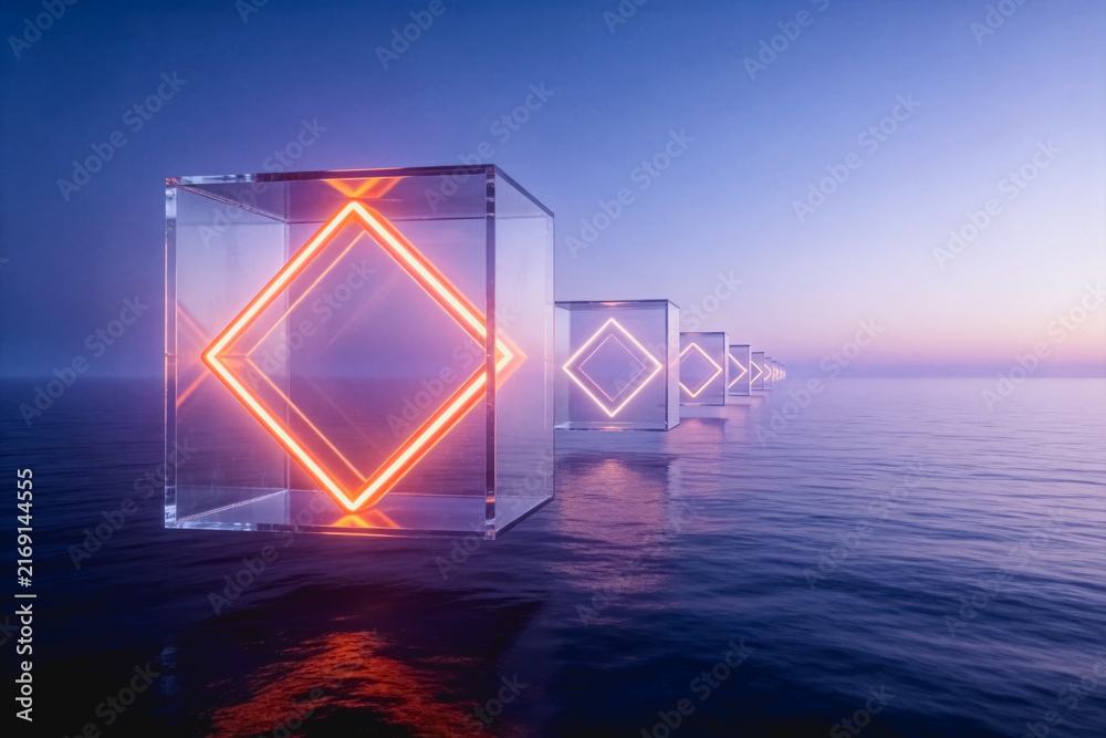 Fototapeta premium Transparent cubes with glowing neon symbols float on calm water during a twilight scene.