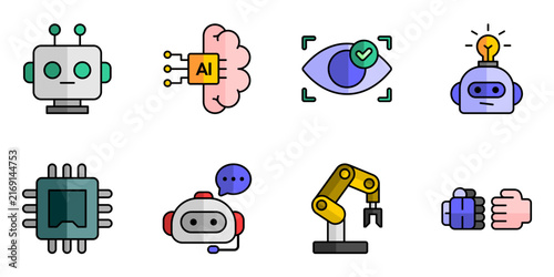 Картината върху платно Humanoid AI icon set collection featuring robot head, digital brain, eye scan, s