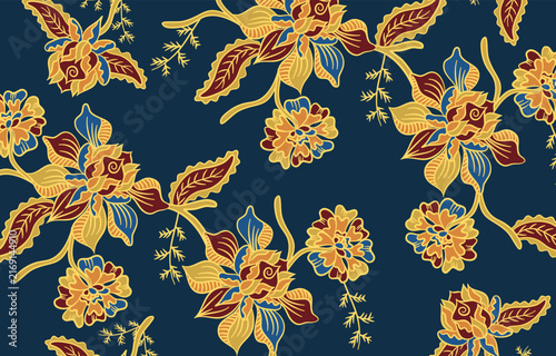 Vibrant floral embroidery pattern on dark blue fabric isolated on transparent background