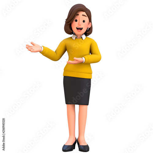 3D Office Woman Employee Character Presenting to Right Side