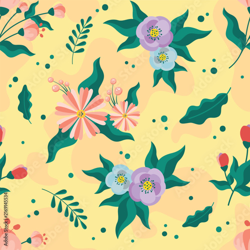 Colorful floral botanical pattern with leaves isolated on transparent background