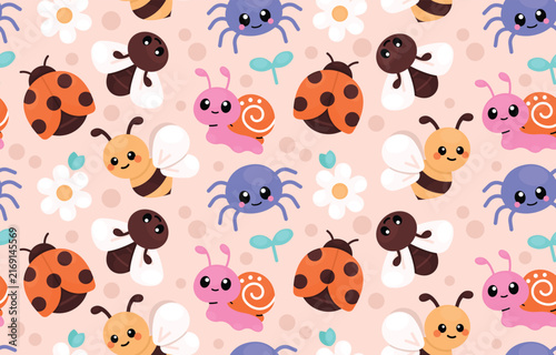 Cute cartoon insects and bugs playful pattern isolated on transparent background