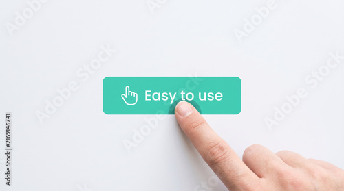 Easy to use user interface button concept. Minimalist teal digital tag with finger touch. User experience web design. Accessibility interface.