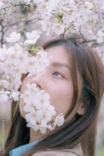 Photography Woman gazing upward framed by cherry blossom branches, Gucun Park, Shanghai