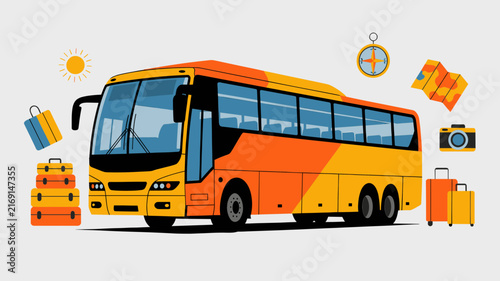 Orange travel bus vector illustration, modern tour coach with luggage and camera icons, public transit vehicle for road trips
