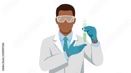 African american male scientist holding a test tube with green liquid flat vector illustration for pharmaceutical research and laboratory diagnostics