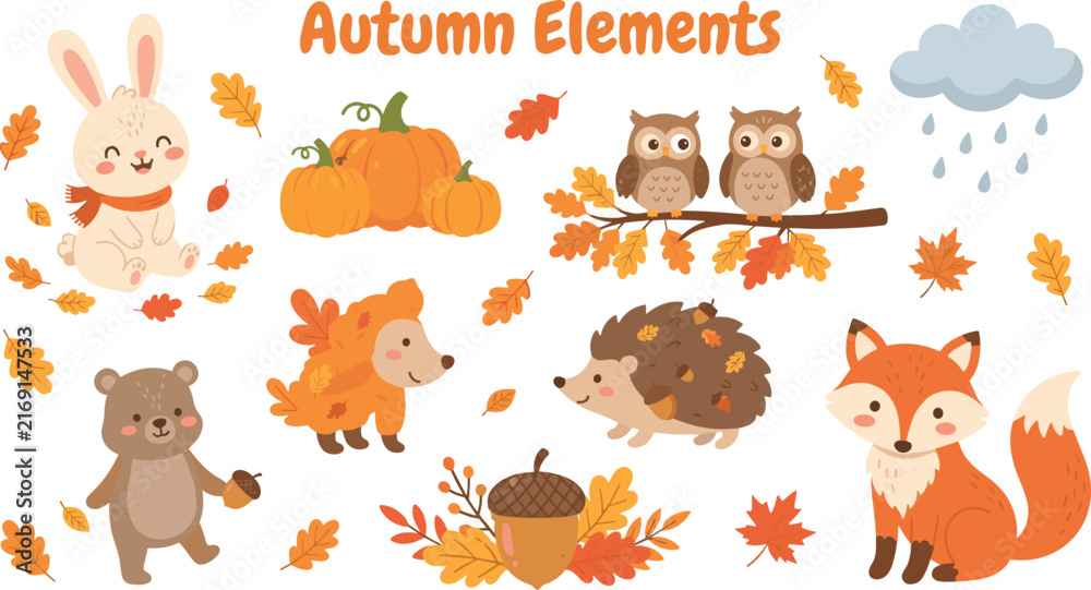 Fototapeta premium Autumn Elements Collection With Cute Woodland Animals Pumpkins Owls Fox Rabbit Leaves Acorns And Seasonal Nature Decorations