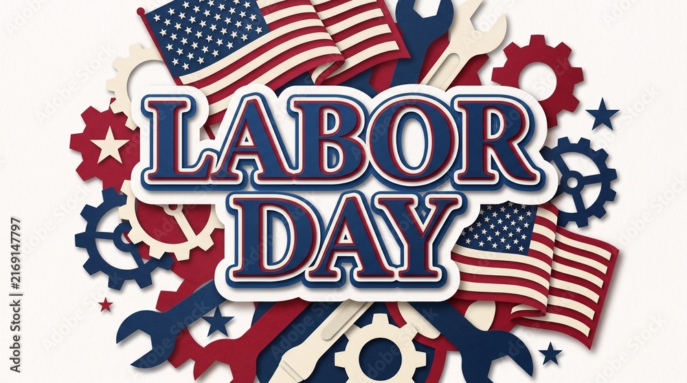 Obraz premium Labor day celebration background featuring american flags and industrial tools with gears on a white backdrop