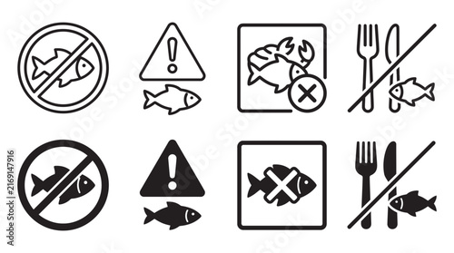 Set of outline and solid no fish and seafood restriction food warning icons with restriction prohibited attention