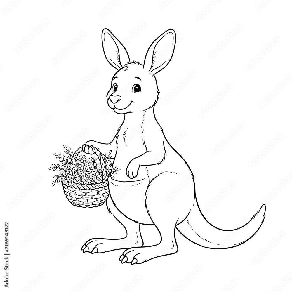 Obraz premium Cute cartoon kangaroo holding a flower basket, black and white line art illustration.