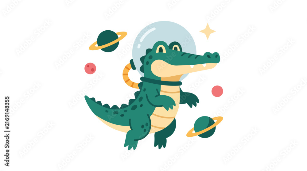 Fototapeta premium Astronaut crocodile space exploration journey modern flat vector illustration for children nursery branding and educational cosmic projects