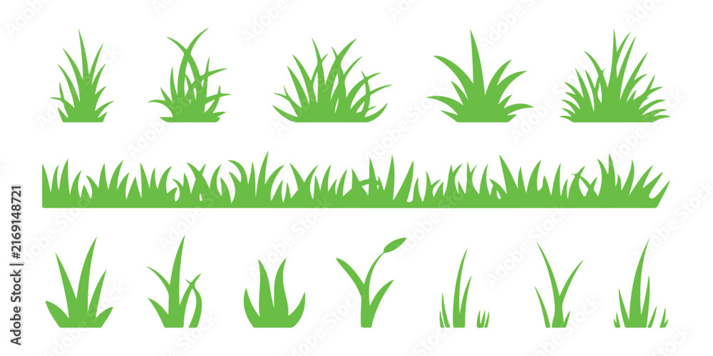 Fototapeta premium Green grass tufts and border silhouettes vector collection for natural garden and park landscape designs.
