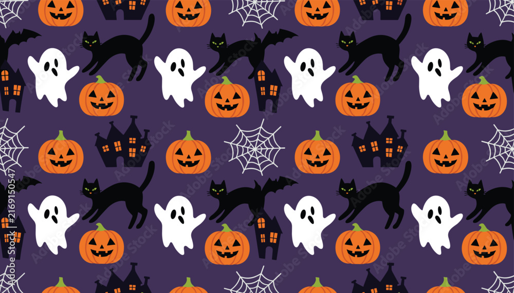 Obraz premium Seamless Halloween pattern displays a repeating design of black cats, white ghosts, orange pumpkins, and houses.