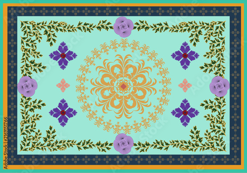 Vector surface design layout for commercial textile print featuring traditional orange mandala motif purple lavender roses and green foliage frame isolated on mint green turquoise background