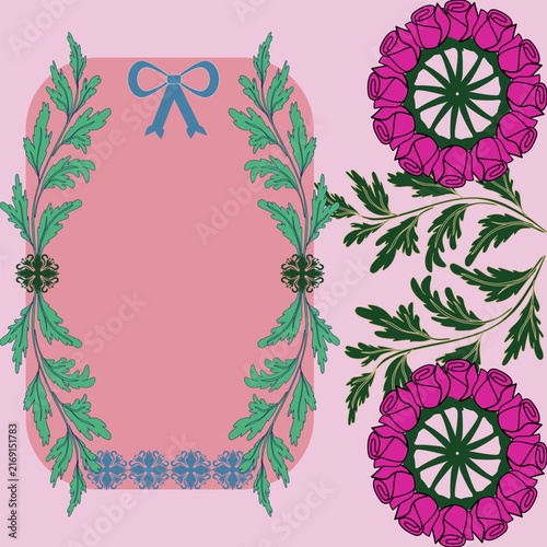 Vector decorative ornament illustrations collection featuring elegant pastel pink gift tag label with blue bow ribbon green foliage frame and blooming rose wreaths isolated on soft pink background
