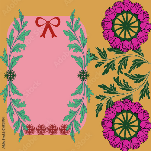 Beautiful decorative vector ornament collection featuring pink greeting card tag template with red ribbon bow green foliage frame and blooming rose wreaths isolated on mustard background