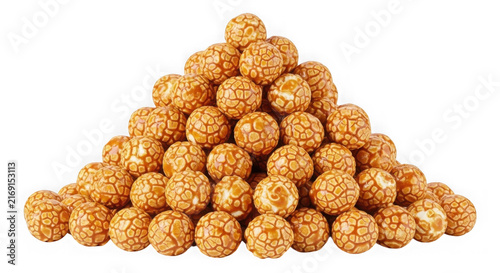 Pyramid of caramel popcorn isolated on white background for snack food marketing.