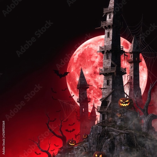 Spooky Halloween Scene with Castle, Full Moon, Bats, and Creepy Decorations at Night