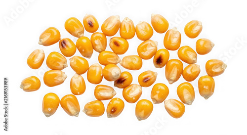 Pile of raw dried yellow corn kernels isolated on white background
