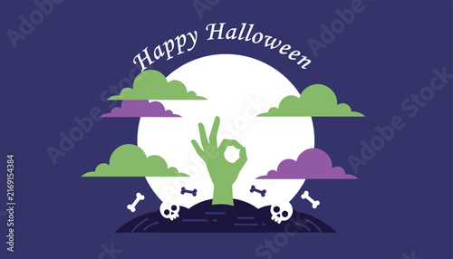 Spooky Happy Halloween card featuring a green monster hand gesturing OK, skulls, bones, and purple clouds under a full moon.