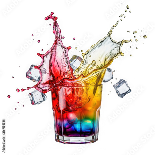 Vibrant cocktail splash with ice cubes and colorful liquid in motion against white background