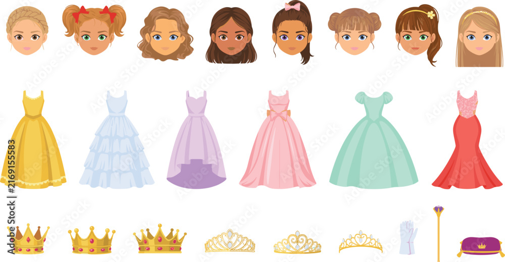 Obraz premium Princess Paper Doll Dress Up Vector Set with Cute Girl Avatars, Elegant Ball Gowns, Gold Crowns, Tiara Headpieces, and Fairytale Royal Accessories