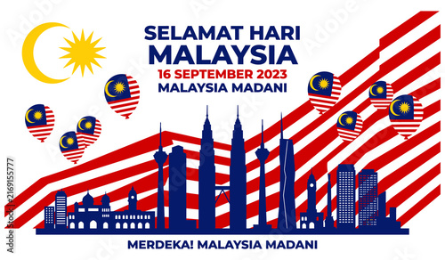 Selamat hari malaysia celebration banner with cityscape landmark graphics and national flag elements