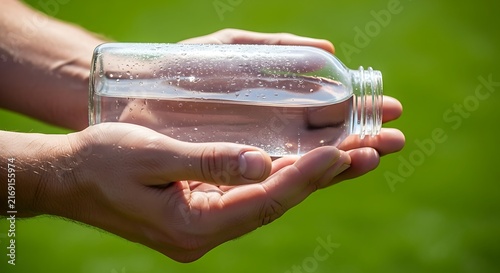 A person holds a glass container filled with clear liquid outdoors on a sunny day representing health wellness hydration and nature stewardship while enjoying a peaceful moment in the green grass