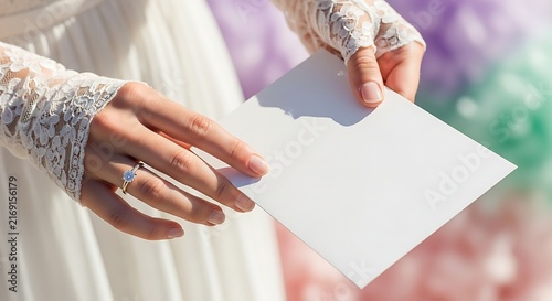 A young bride gently holds a blank paper sheet in her hands while wearing a traditional lace dress during a festive outdoor ceremony celebration gathering with family and friends nearby