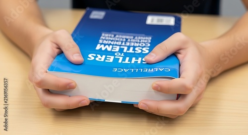 A student holding a thick blue textbook firmly with both hands at a wooden desk while preparing for upcoming exams and absorbing knowledge during daily learning sessions at school or home