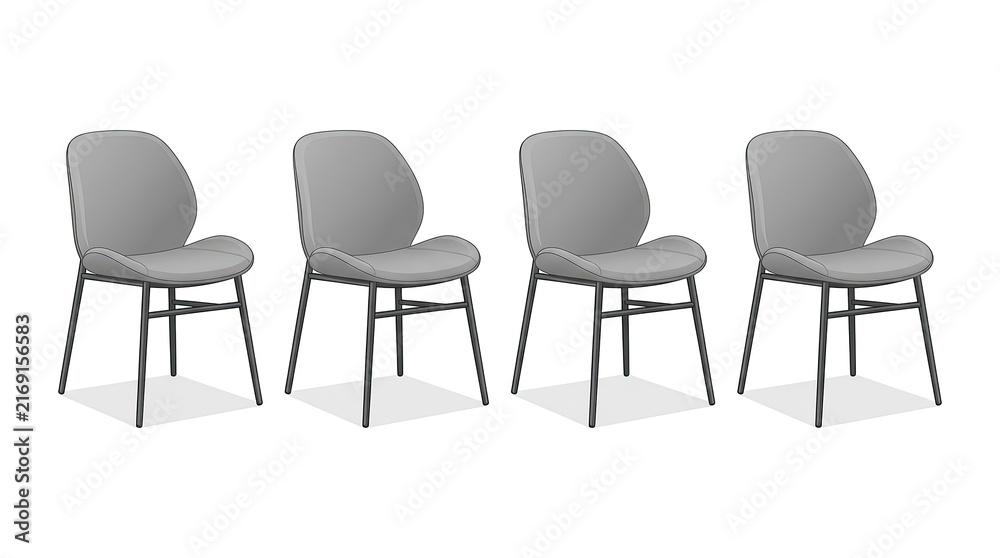 Obraz premium Four modern dining chairs with grey upholstery and metal legs isolated on white background