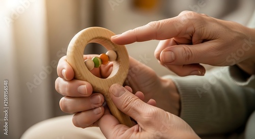 A mother gently holds a handcrafted wooden rattle with colorful beads while guiding her infant during a joyful daytime learning session focusing on early childhood development and sensory