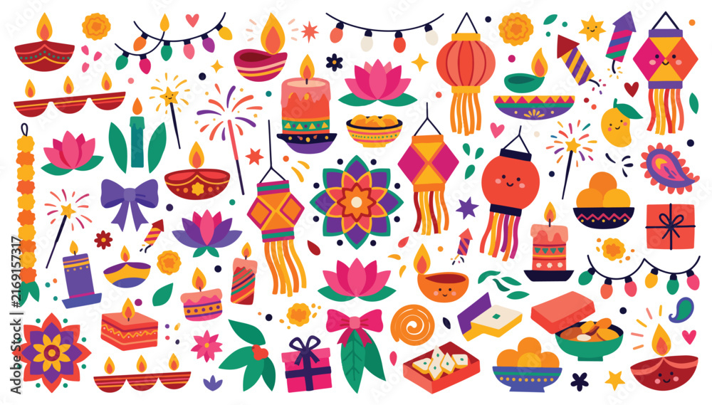 Naklejka premium Diwali icons seamless pattern with diyas, lanterns, rangoli and fireworks vector clipart