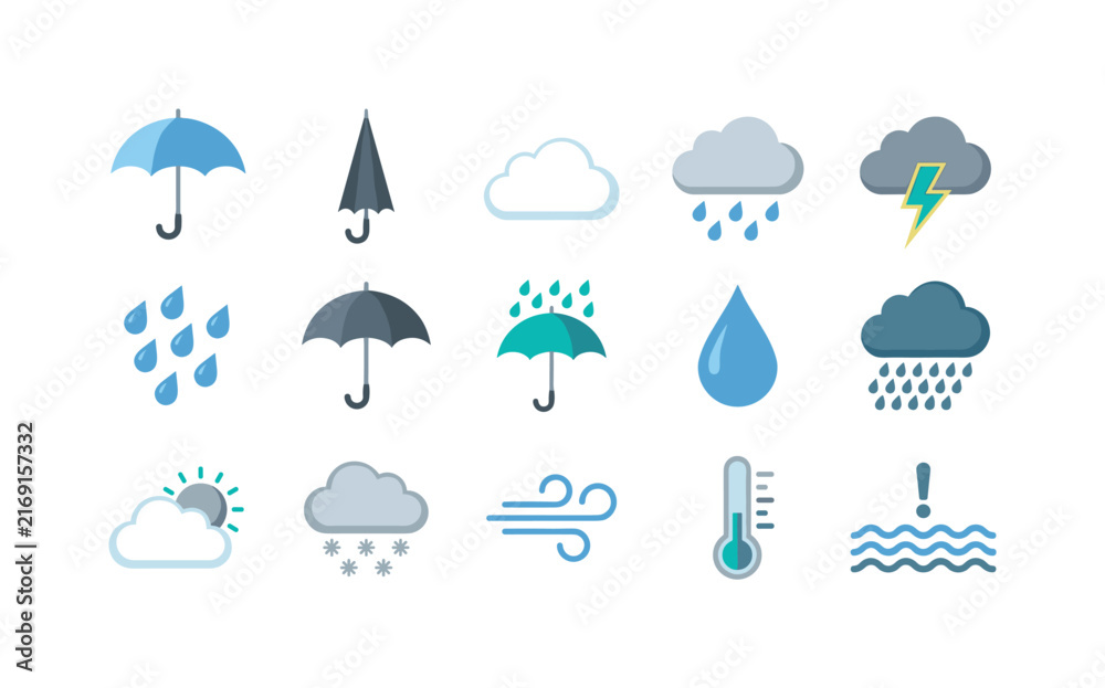 Obraz premium Collection of weather forecast icons including rain, clouds, sun, and storm symbols
